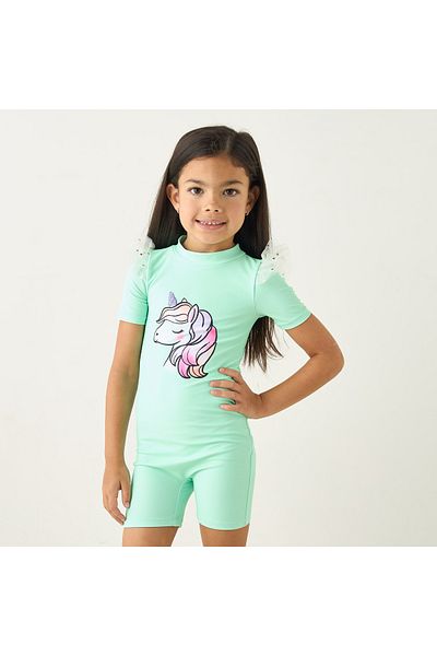 Juniors Unicorn Print Swimsuit With Short Sleeves And Round Neck