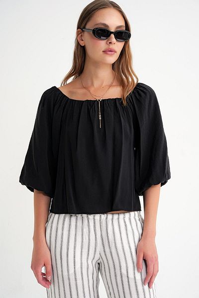 Mixray 4706 Women's Backless Balloon Sleeve Strapless Blouse Black
