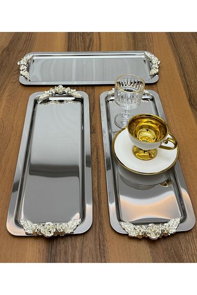 SEVA ÇELİK Stainless Steel 3 Pieces Rectangular Silver Handle Service and Presentation Tray