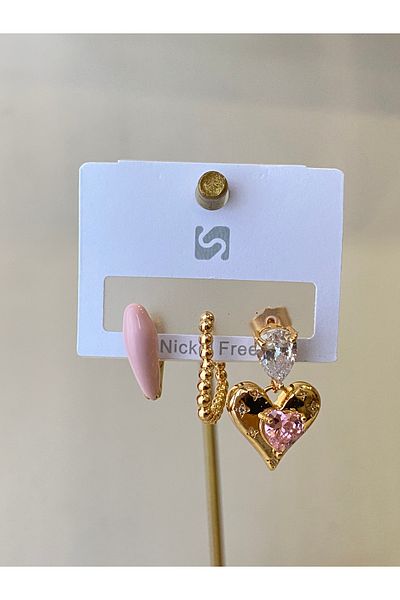 Çelik Set of 3 Zircon Stone Princess Steel Earrings 👑