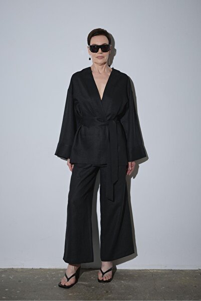Suud Collection Black 100% Linen Eleni Culotte Trousers