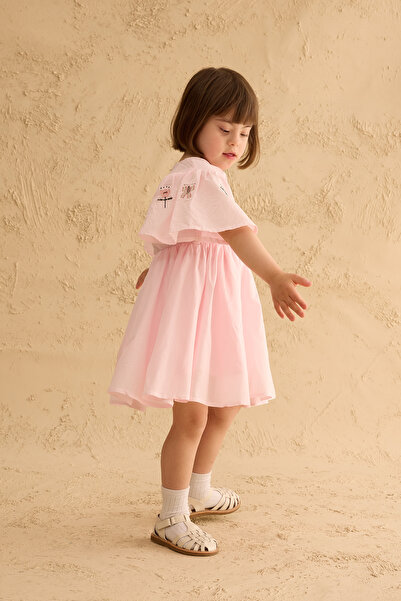 Fahhar Kids Volanlı Nakışlı Pamuk Elbise Açık Pembe