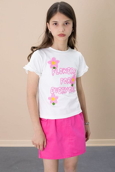 Cansın Mini Fuchsia Flower Embroidered T-Shirt Girl's Skirt 2 Piece Set 21102