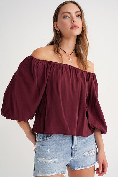 Mixray 4706 Women's Backless Balloon Sleeve Strapless Blouse Burgundy