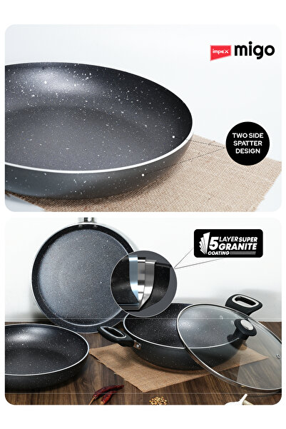 İMPEX Impex Migo 4Piece Nonstick Granite Cookware Set–24cm-Kadai, Tawa,FryPan&GlassLid-5Layer Coating,FKTG
