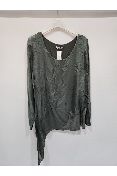 della moor Khaki Italian Asymmetrical Cut Hem Sequin Silk Blended Blouse