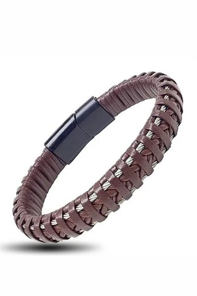 OSMANLI GÜMÜŞ Brown Knitted Leather Men's Bracelet