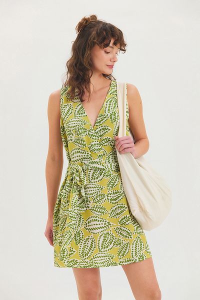 Clandestino Patterned V-Neck Front Tie Mini Dress Green