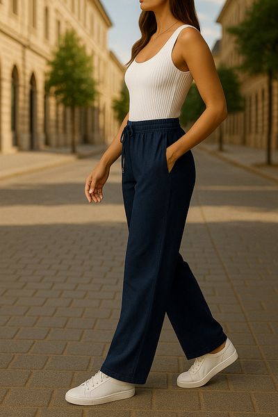 Montland Women's Navy Blue Linen Trousers – High Waist – Comfortable Fit, Casual Stylish Choice