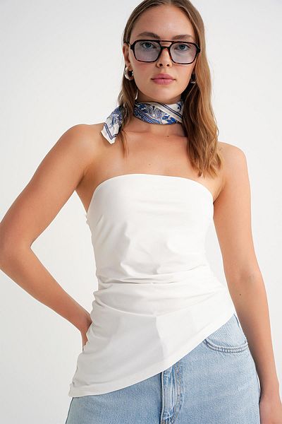 Mixray 2013 Women's Gathered Waist Asymmetrical Strapless Blouse White