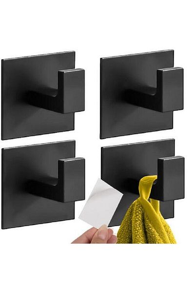 SMARTECH Set 4 Self-Adhesive Hooks, Aluminum, Dimensions 5.5 x 5.5 cm, Premium Quality, Black