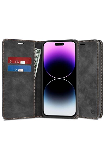 SKYDDAR INNOVATION Husă pentru iPhone 14 Pro Max, portofel moale, piele ecologică premium, tip card, neagră, set de stickere