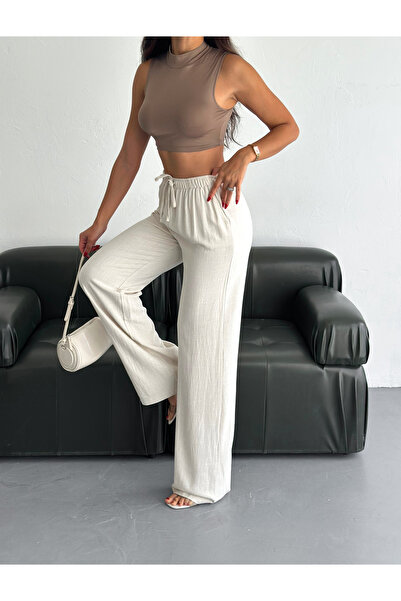 Dumy Dummy - Soft Textured Loose Cut High Waist Linen Trousers