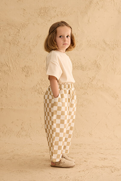 Fahhar Kids Dama Desen Baggy Pantolon Bej