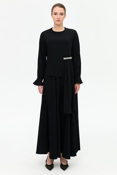 Esswaap Waist Shawl and Stone Detailed Skirt Suit Black