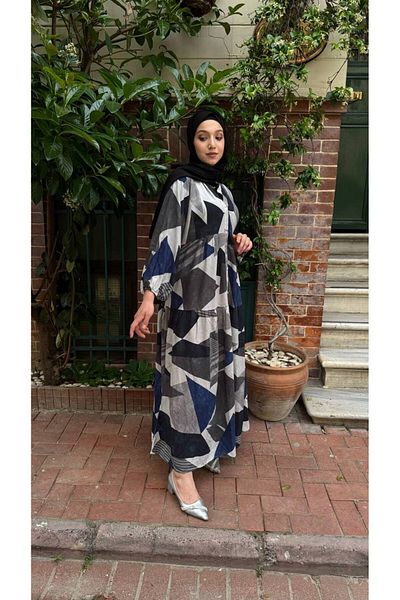 PREMİER VİE Φόρεμα με μοτίβο Hijab New Season Γκρι Navy Blue Χρώμα βισκόζης