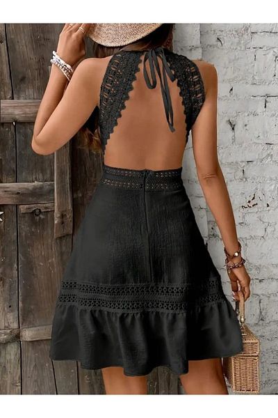 modaserdem Women's Halter Strap Backless Lace Detailed Short Kilos Wrap Dress