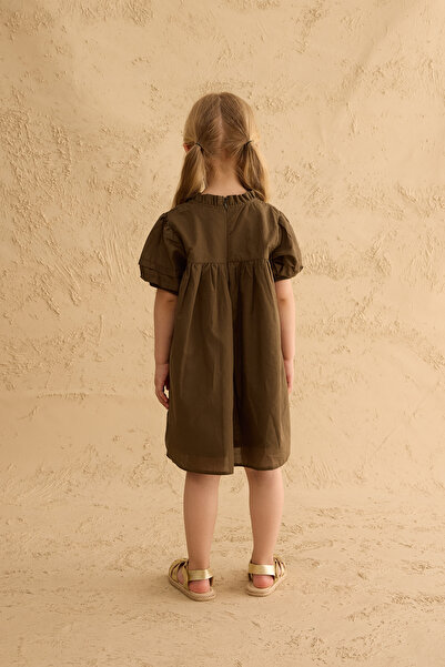 Fahhar Kids Rib Detailed Voile Dress Khaki