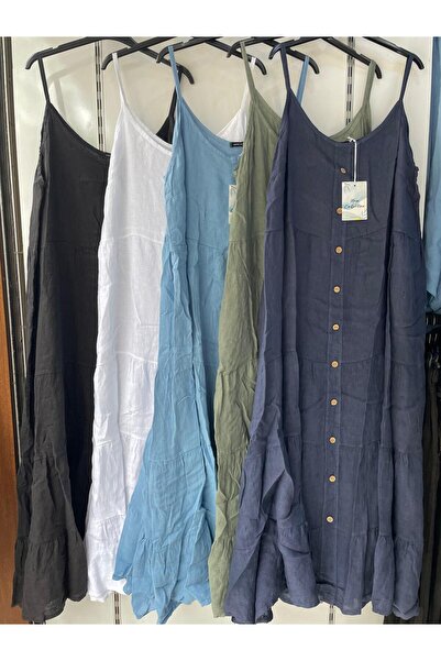 Gezginimport Keten Elbise %100 Ham Keten Askılı Elbise Önü Düğme Detaylı