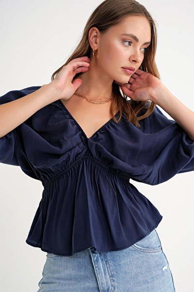 Mixray 4703 Women's V-Neck Elastic Modal Blouse Navy Blue
