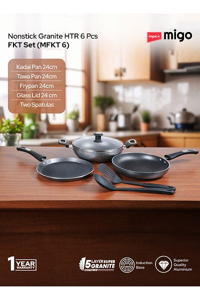 İMPEX Nonstick Granite Cookware Set–6PiecePremium Induction with Fry Pan,Kadai,GlassLid&Spatulas-GreyMFKT6