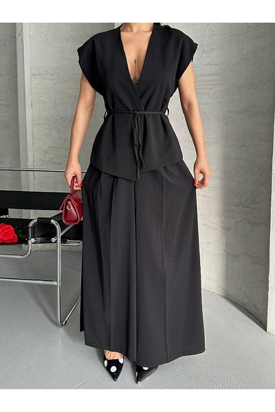 MYGİYİMİSTANBUL Slim Belt Detail V-Neck Sleeveless Top Wide Leg Pants Two-Piece Set