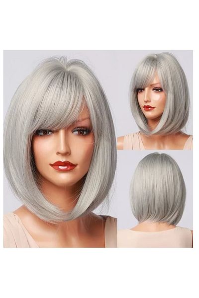 animis beauty Peruca bob Gri Silver, fibra sintetica cu aspect natural, par mediu drept, cu breton, 30 cm