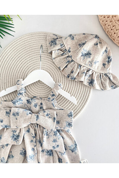 Jammybaby Sarah Bow 100% Cotton Linen Baby Girl Romper and Ruffle Hat Set-Beige