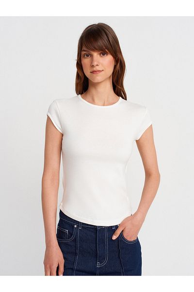 Dilvin 31779 Crew Neck Basic T-Shirt-Ecru