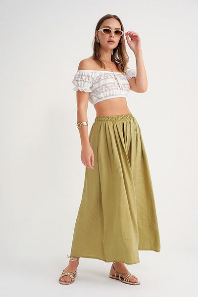 Mixray 4612 Women's Side Pocket Pleated Loose Skirt Olive