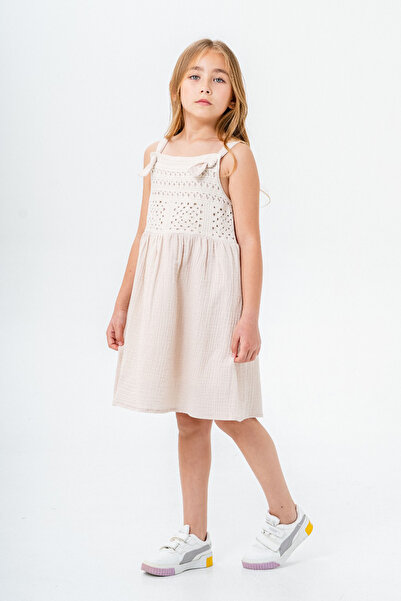 Cansın Mini Μπεζ δαντέλα Λεπτομερές μουσελίνα κοριτσίστικο φόρεμα 21083