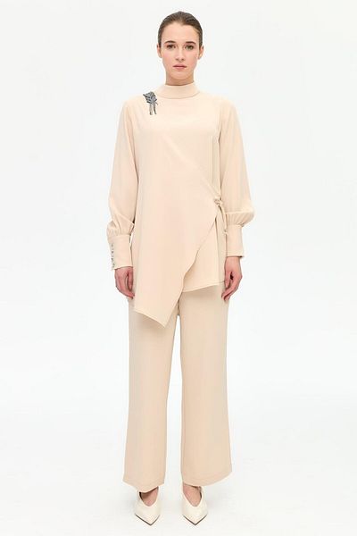 Esswaap Epaulet Stone Detailed Stylish Suit with Trousers Beige