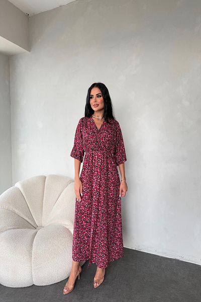 LİLA İSTANBUL Double Breasted Collar Floral Patterned Viscose Fabric Summer Dress