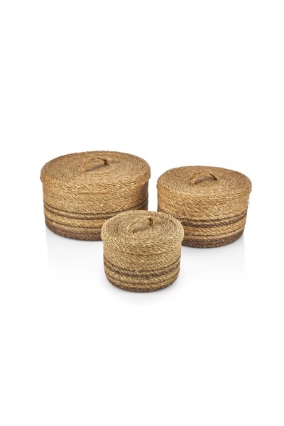 Evistro مجموعة سلة من الخيزران بغطاء دائري مزخرف مكونة من 3 صناديق