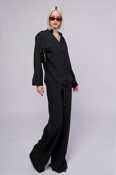 Madmext Black Long Sleeve Striped Shirt Pants Double Suit Mg2329