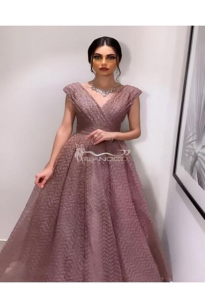 ALANOOD FASHION Luxurious and elegant evening dress embroidered with shiny computer threads in a modern design