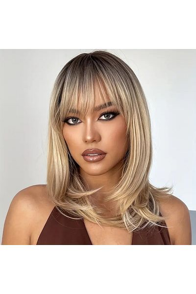 animis beauty Ash Blonde Wig, natural-looking synthetic fiber, medium straight hair, with bangs, 40 cm