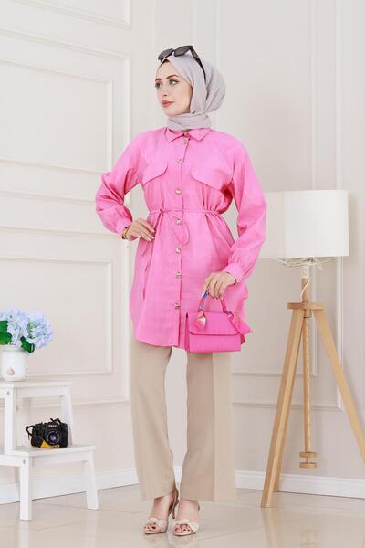 Sevitli Cep Kapaklı Beli Bağcıklı Tunik-Pembe