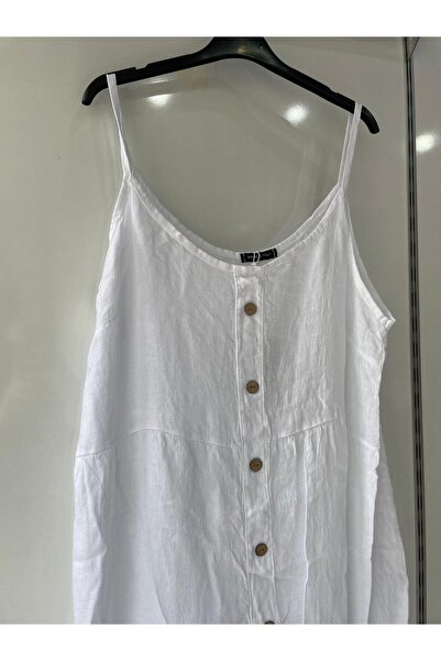 Gezginimport Keten Elbise %100 Ham Keten Askılı Elbise Önü Düğme Detaylı