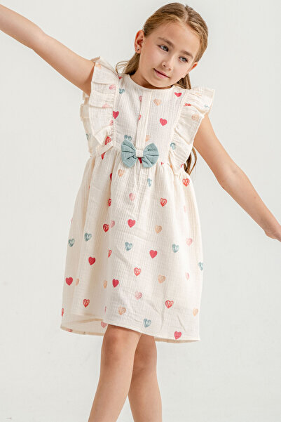 Cansın Mini Yeşil Kalp Baskılı Fiyonk Detaylı Müslin Kız Çocuk Elbise 21081