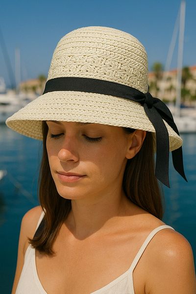 LAGRANZE Women's Hand Knitted Ribbon Detail Straw Hat Summer Short Brim Beach Hat