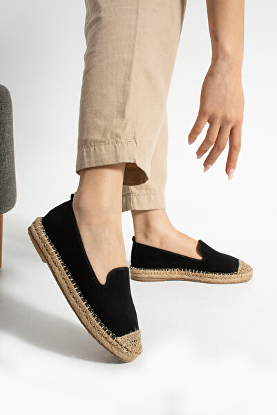 HVZ Exclusive Black Women's Patterned Straw Sole Espadrille Comfortable and Ergonomic Shoes