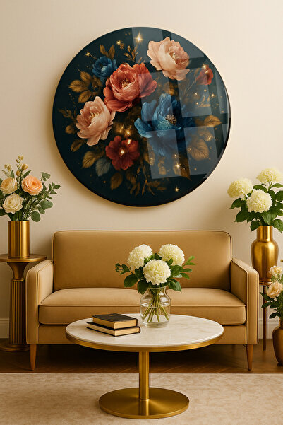 TAULART FLORI STRĂLUCITOARE MINUNATE TABĂRĂ ROTUNDĂ DE STICLA INELATĂ CADOU D...