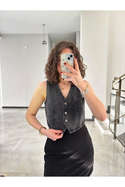 Sude Kızanlıklı Four Button Anthracite Denim Vest