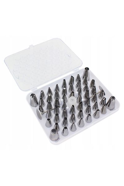 zola 55-piece cake/cupcake decorating set,stainless steel, plastic storage case, silver