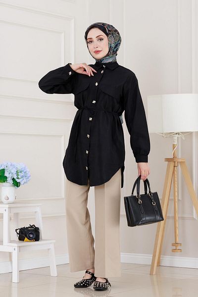 Sevitli Pocket Covered Waist Lace-Up Tunic-Black