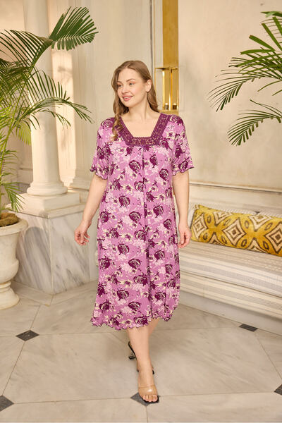 Miss Meryem Gül Desenli Lila Ring Viskon Kısa Kol Elbise