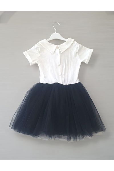 Şirin Şeyler Butiği Perla κοντομάνικο κορίτσι Παιδικό Princess Fluffy Tutu Φόρεμα Bebe γιακά Ευέλικτο Lycra Μαύρο Λευκό