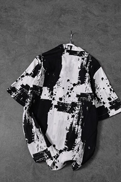 Slatra Men's Black Brush Pattern Linen Fabric Oversize Short Sleeve Shirt