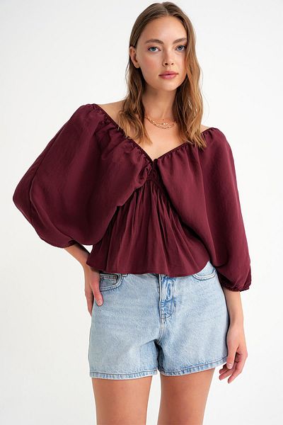 Mixray 4703 Women's V-Neck Elastic Modal Blouse Claret Red